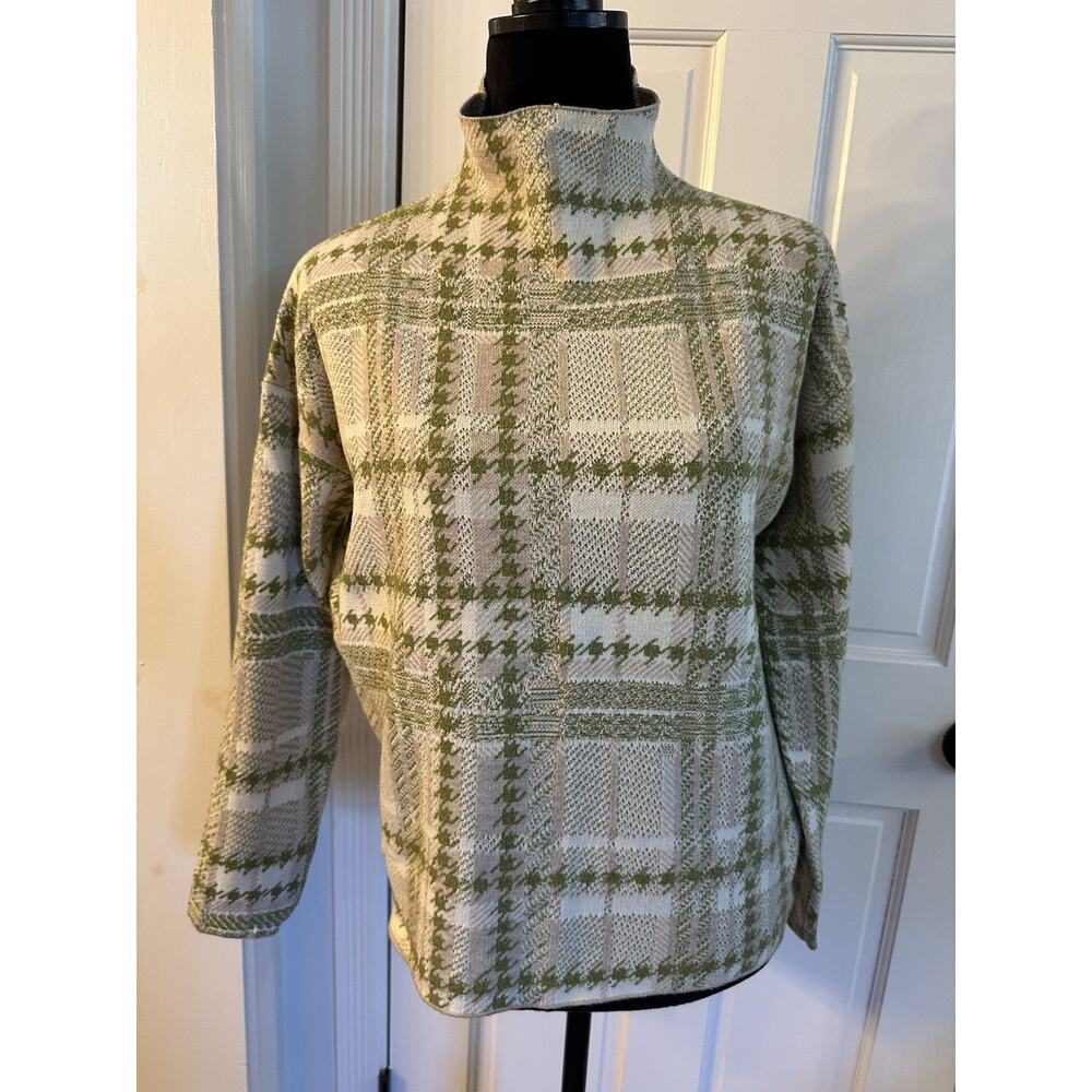 Rachel Zoe Mock Neck Sweater Women’s Large Pullover Green & Beige Plaid Preppy